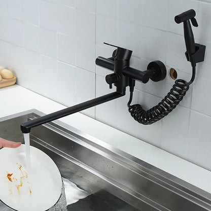 Kitchen Faucets Stainless Steel Wall Mounted Dual Hole Bathroom 360 Rotate Basin Faucet Cold Hot Water Mixer Taps With spray gun