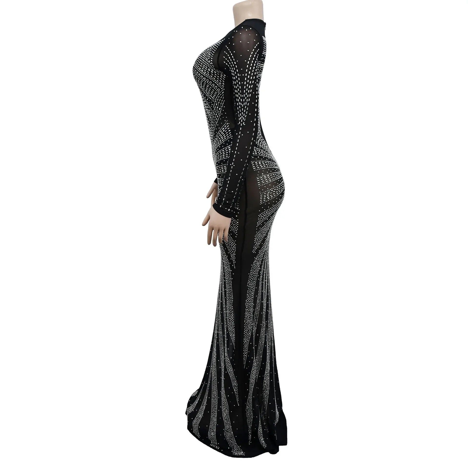 XIZOU Frauen Mesh Patchwork Diamanten Heißer Strass Bodenlangen Bodycon Meerjungfrau Maxi Kleid Sexy Party Abend Vestidos 2024.
