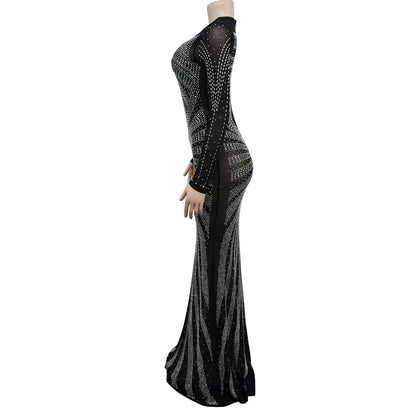 XIZOU Frauen Mesh Patchwork Diamanten Heißer Strass Bodenlangen Bodycon Meerjungfrau Maxi Kleid Sexy Party Abend Vestidos 2024.