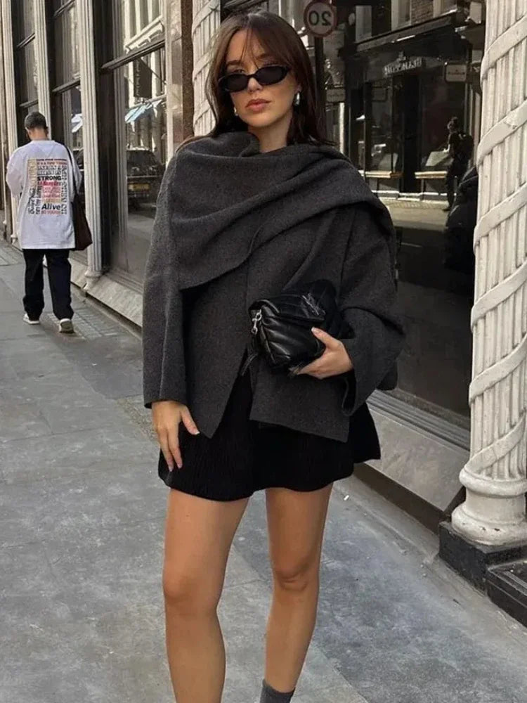 ZBZA Women's Asymmetric Scarf Knitted Jacket O-neck Single Button Side Slit Solid Loose Coat Winter New Female Chic Outerwear.