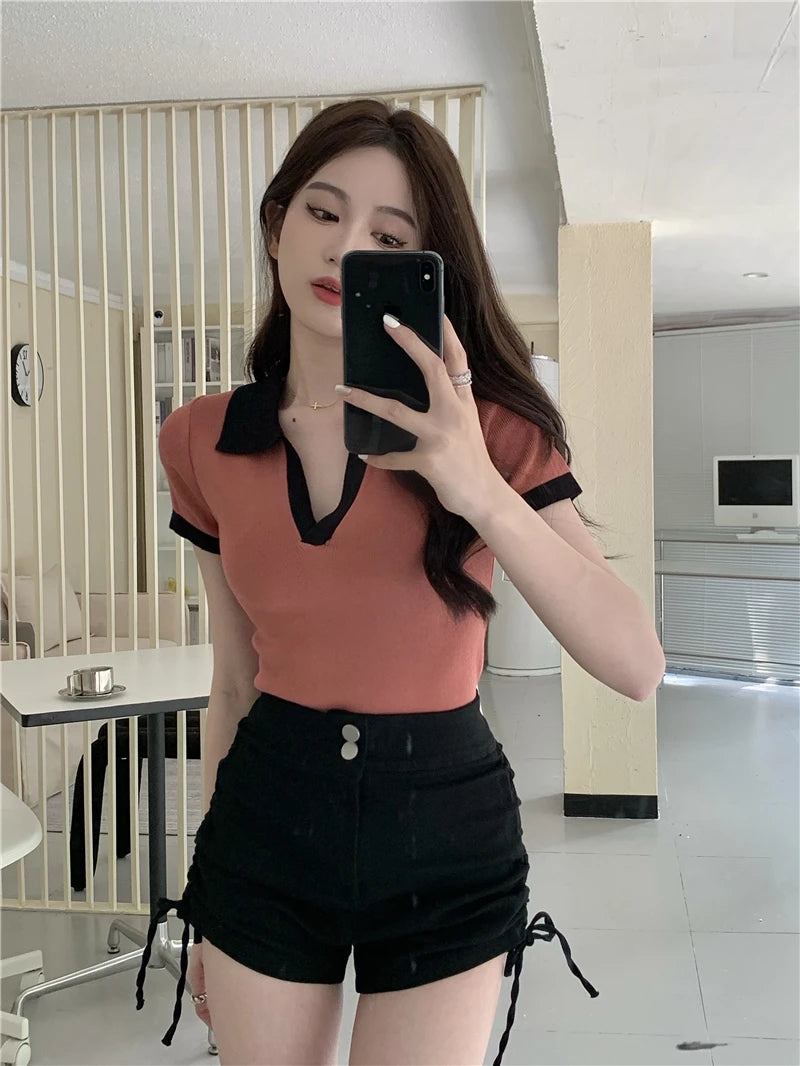 Jielur Spell Color Polo Knitting Women's Blouses Slim Sexy Short Sleeve Summer New Casual Female Blouse Chic Simple Office Lady.
