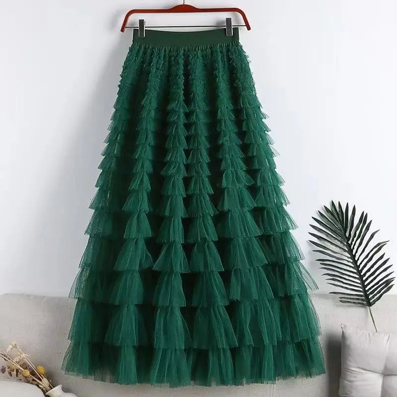 Chamliforve Women Tulle Mesh Skirt Elegant Elastic Waist Fairy Long A-line Tutu Skirt for Spring Summer Long Cake Skirt.