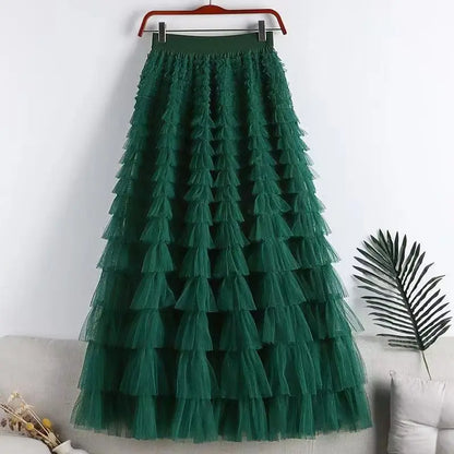 Chamliforve Women Tulle Mesh Skirt Elegant Elastic Waist Fairy Long A-line Tutu Skirt for Spring Summer Long Cake Skirt.
