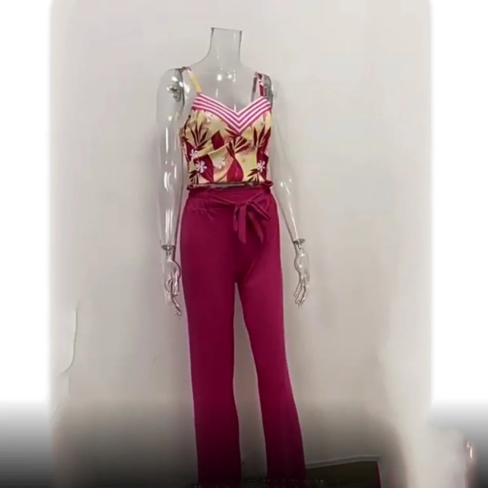 Women Fashion Print Halter V-Neck Short Tank Suit Tops Long Pants Matching Set Summer Casual Female Slim Pants Two Piece Sets.