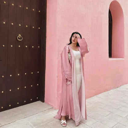 2025 Ramadan Satin muslimischen bescheidenen Kleid arabische Frauen öffnen Abaya Dubai islamische Langarm Cardigan Kleidung Truthahn schlichte Robe