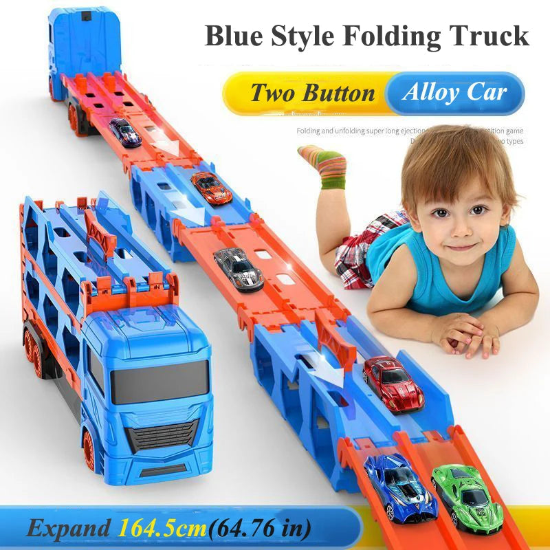 Large Car Transporter Truck Folding Track Racing Vehicle Kids Competitive Games Storage Alloy Car Boy Toy Children Novel Gift.