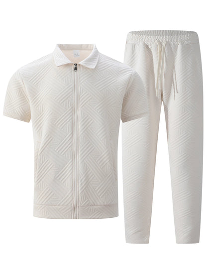 2025 Men's Casual and Fashionable short-sleeved jacket and shirt with solid-colored drawstring trousers two-piece set.