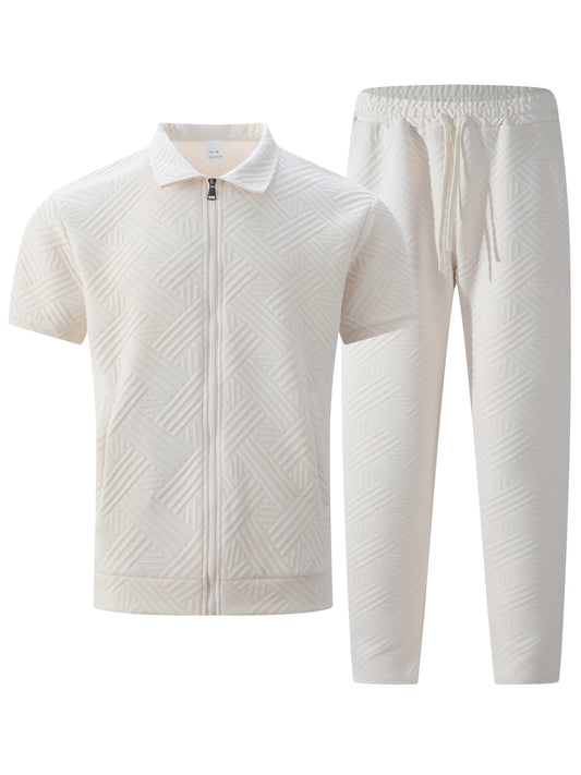 2025 Men's Casual and Fashionable short-sleeved jacket and shirt with solid-colored drawstring trousers two-piece set.