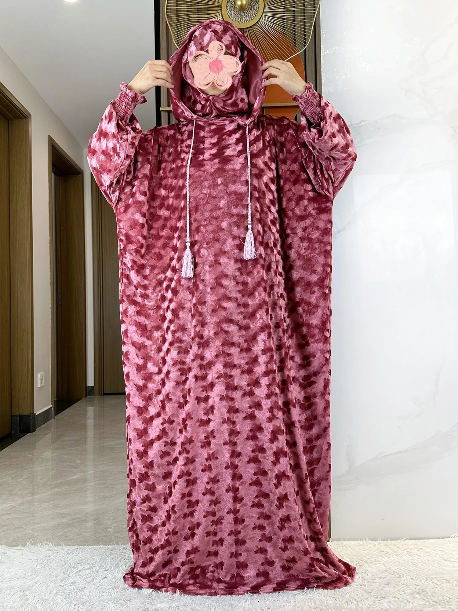High Quality Velvet Fabric 2025 Ramadan Muslim Lady's Abaya Two-Hats Dubai Turkey Style Islamic Prayer Clothing Kaftan Dress.