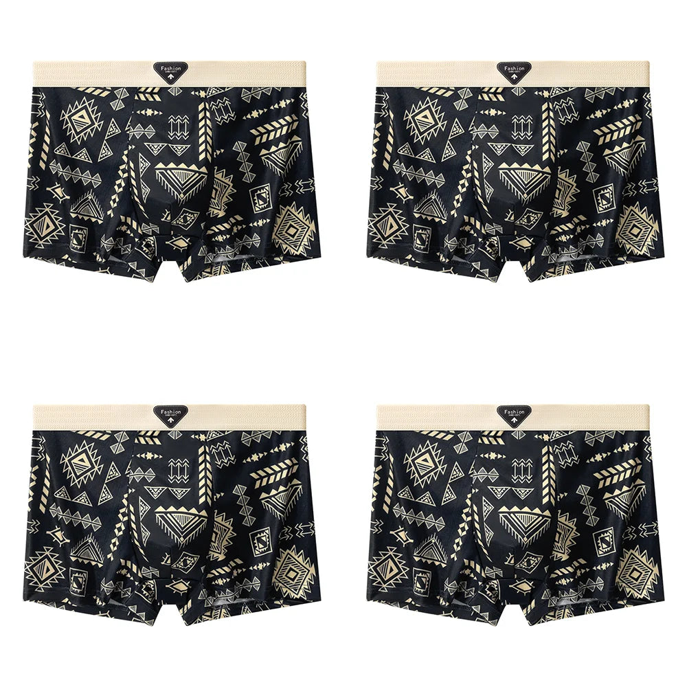 4Pcs Boxer Shorts männer Unterwäsche Eis Seide Unterhose Sexy Höschen Gedruckt Boyshort Atmungsaktive Elastische Dessous Plus Größe L-4XL