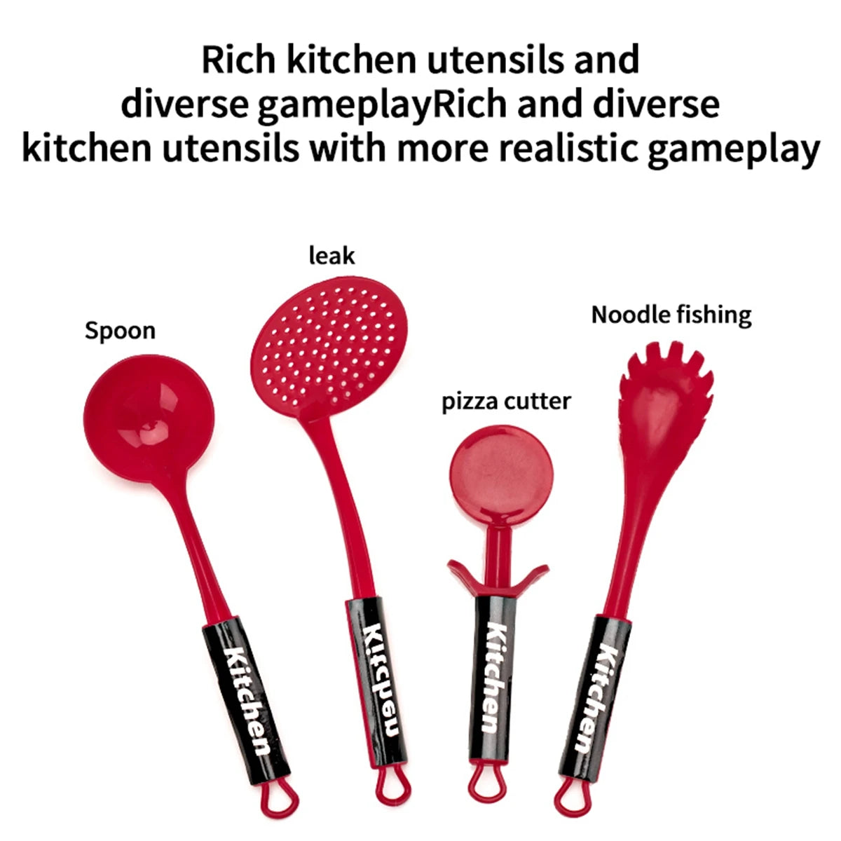 Children's simulation high-detail red cooking kitchen utensils, home school use chef pretend play set suitable for 3 4 5 6 years.