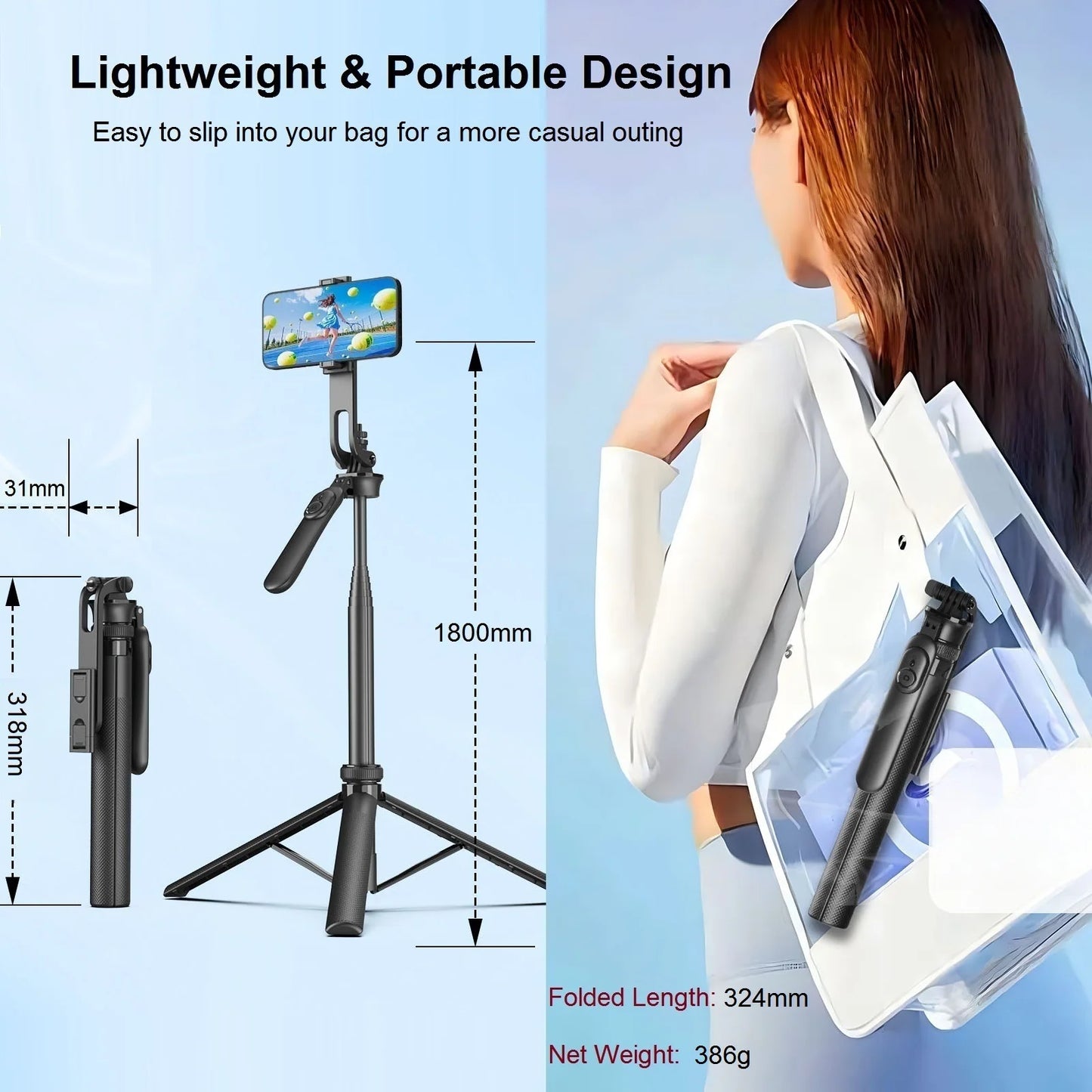 Wireless Selfie Stick Tripod Stand with Remote 1.8m Extendable Tripod Selfie Stick for iPhone Phone Camera Tiktok Video Vlogs.