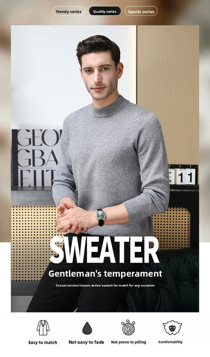 High End 100% Wool Thick New Autum Winter Fashion Brand Pullover Knit Half Turtleneck Business Sweater Casual Men Clothing.