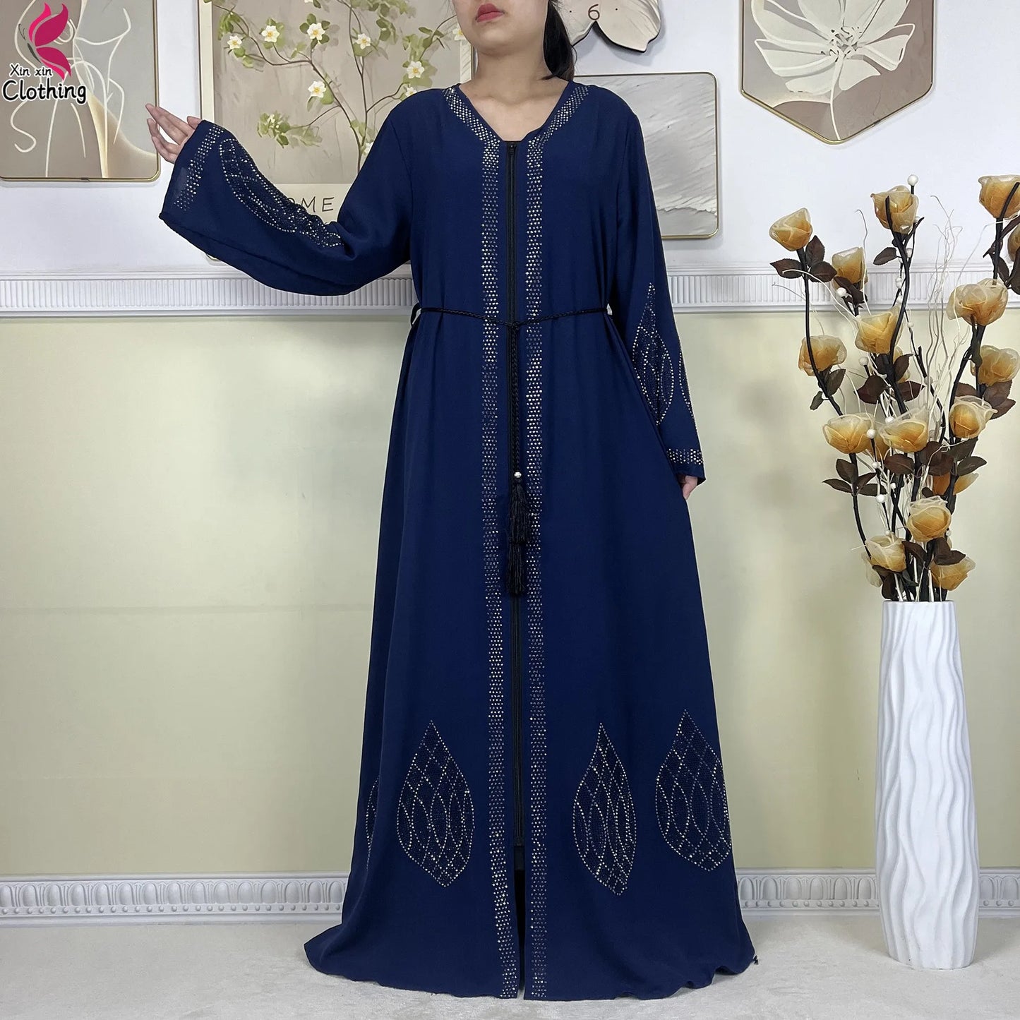 New Muslim Abayas For Women Long Sleeved Dress Dubai Lady Elegant Long Dress Islam Clothing African Abaya Loose Robe With Turban.