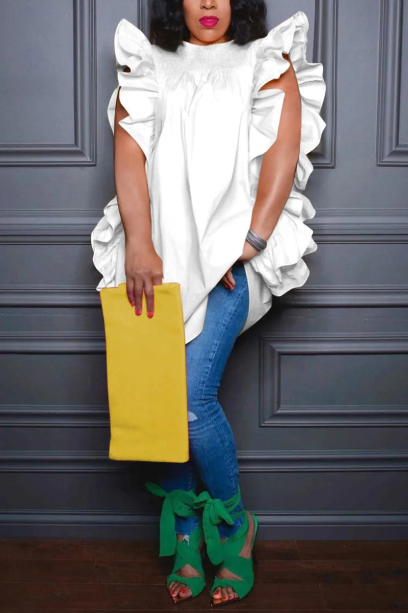 Frauen Rüschen Top Ärmelloses Rundhals Mode Elegante Solide Vintage Fly Hülse Sommer T-shirt für Weibliche Nette Hemd Tops.