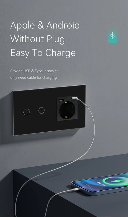 BSEED Einzel-EU-Glassteckdose mit USB-Wandsteckdosen, doppelte Steckdosen, dreifache Steckdosen, USB-Typ-C-Anschlüsse, Schwarz, 16 A.