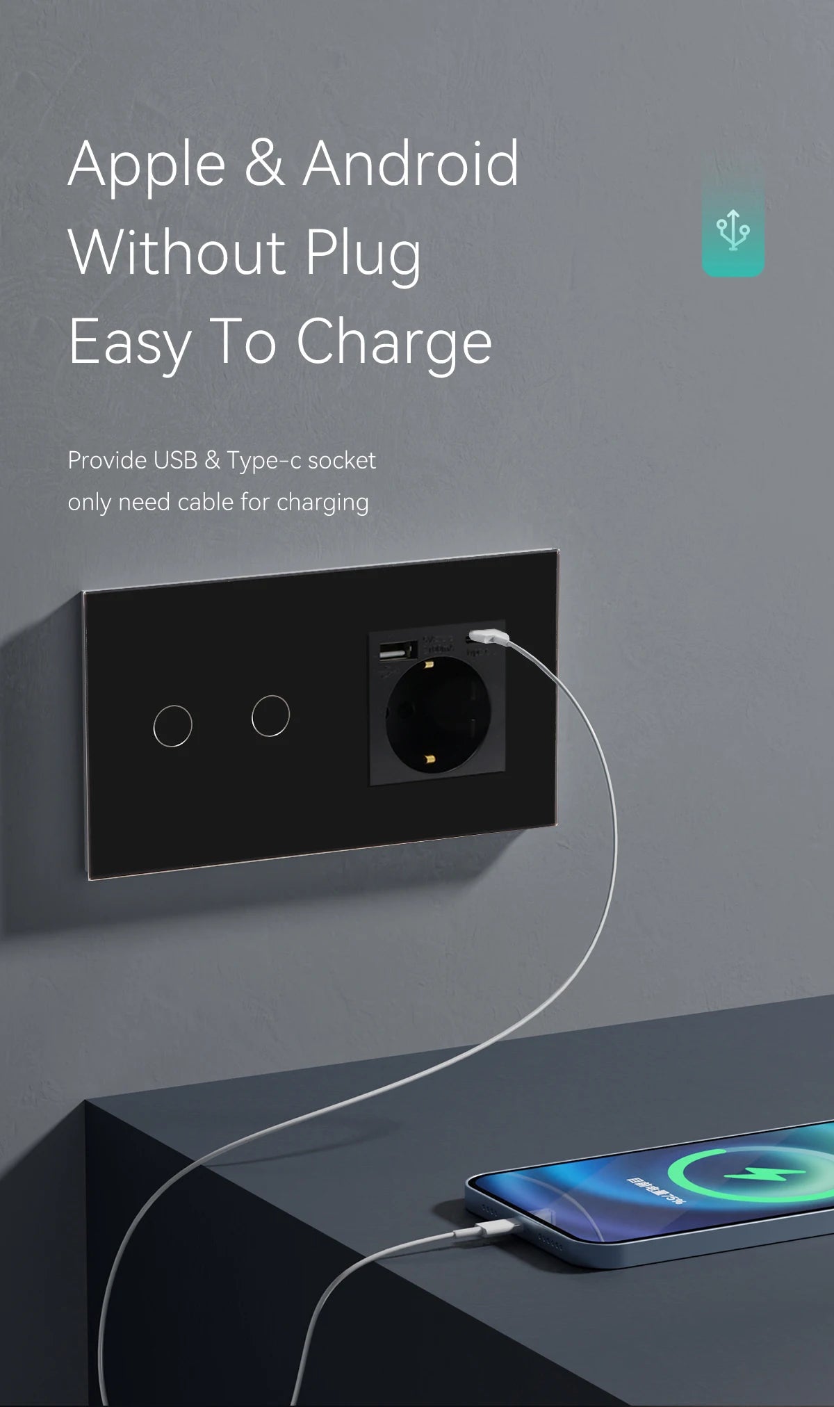 BSEED Touch-Lichtschalter mit EU-USB-Steckdosen, schwarze Wand-LED-Schalter, 1/2/3 Gang, 1-Wege-Kristall, dunkelblaue Hintergrundbeleuchtung, Wandschalter.