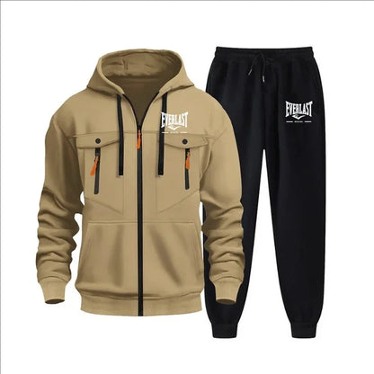 Autumn and winter new men's sweatshirt sport set, fashionable windproof and warm men's zipper hoodie and pants 2-piece set.