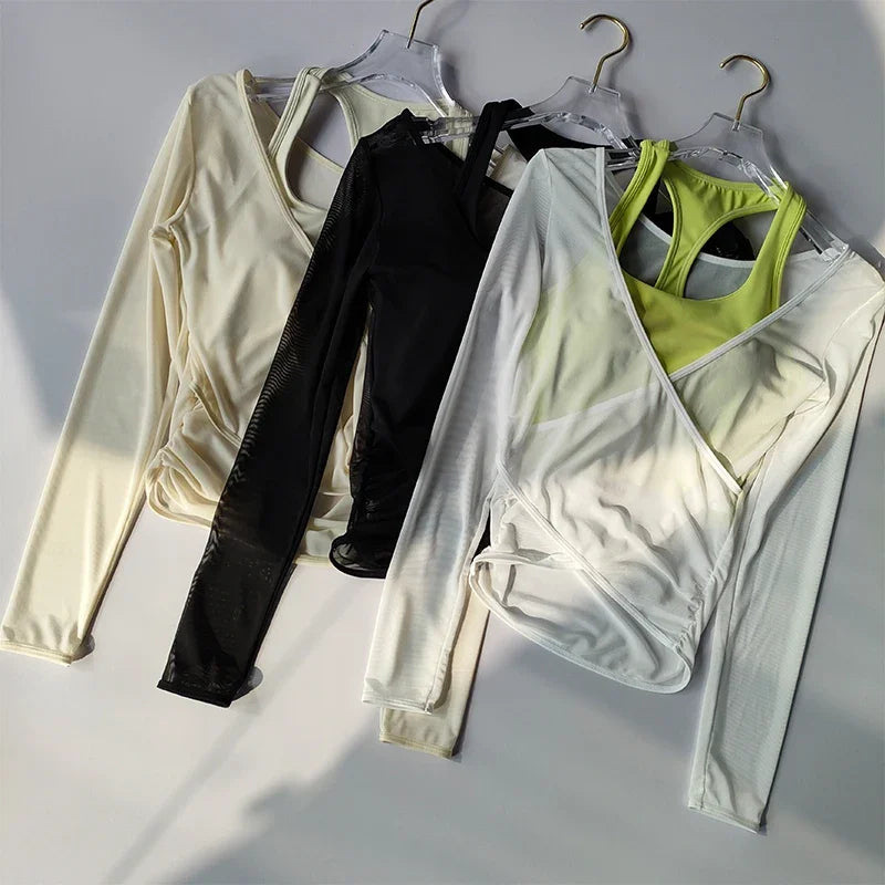 Sexy Mesh Slimming Yoga Suit for Women, Gathering Together, Sports Bra, Two Pieces, Quick Dry Training, Pilates Cover Up Blouse.
