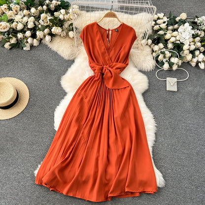 Französisch Vintage elegante Plissee Vneck Kleid A-Linie Mode Chiffon Frühling Herbst ärmellose Vestidos Frauen kleider