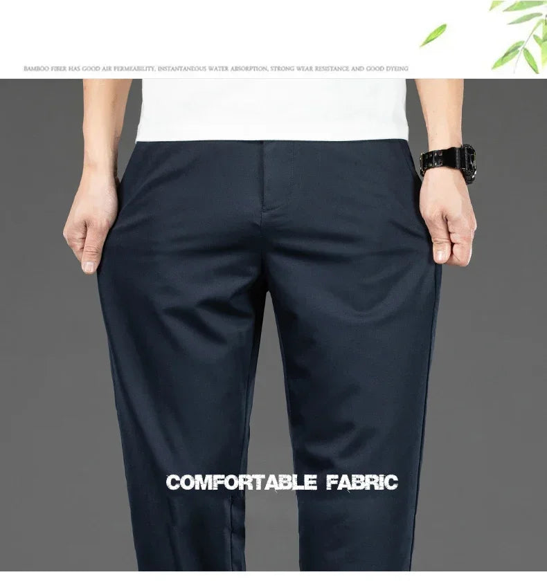 Thin Men Bamboo Summer Pants Casual High Quality Business Classic Fashion Stretch Slim Formal Straight Trousers Black Gray Khaki.