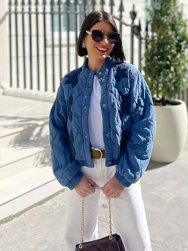 TRAFZA 2025 Herbst Frauen Stepp Crop Mantel Floral Stickerei Einreiher Langarm Jacke Winter Warme Vintage Oberbekleidung.