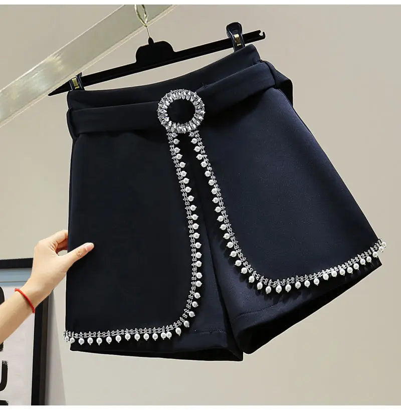2025 Spring Summer New Simplicity Fashion Diamonds High Waist Shorts Women Clothes Fashion Patchwork Solid Color Wide Leg Pants.