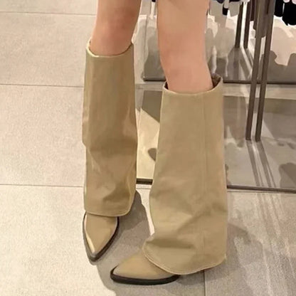 Knee High Heels Women Boots Leather Chunky Fashion Shoes Pointed Toe Snow Long Boots New Designer Pumps Punk Chelsea Botas Mujer.