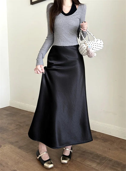 High Waist Women's Fleece-Lined Thickened Elegant Long Skirt Satin Mermaid Skirt Elegant Drapey Bodycon Skirt For Autumn Winter