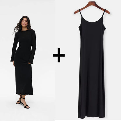 Hirsionsan Frühling Herbst Oansatz Elastische Stricken Lange Kleider Frauen 2024 Elegante Chic Weiche Dame Aushöhlung Pullover Kleider Femme Neue