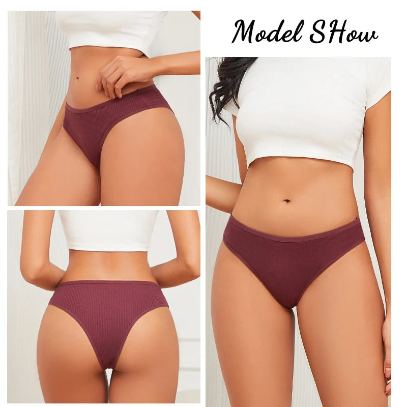 New 7Pcs/Set Seamless Cotton Fabric Thongs For Women Sexy Solid Color Stripe Underwear Female Comfortable Breathable Underpants.