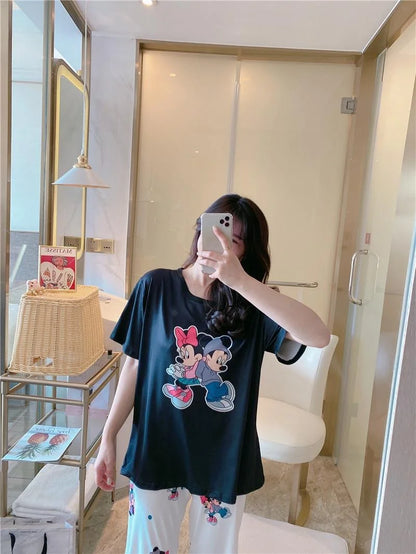 Sommer Pooh Bär Nachtwäsche frauen Lose Bequeme Cartoon Print Hause Kleidung Set Kurzarm Nachthemd Mickey Pyjama Set