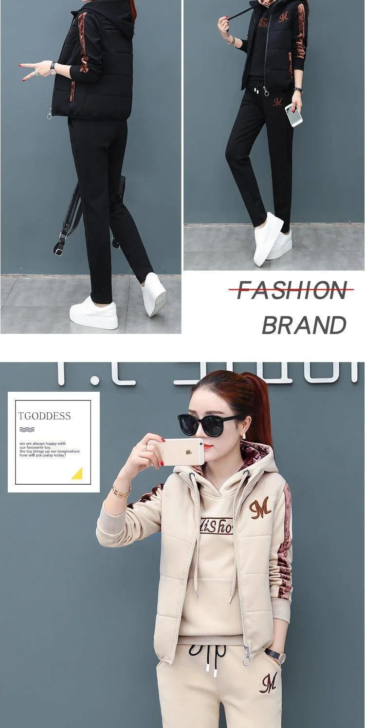 Women's Fashion Plush Thickened Sweat Suit 2025 Autumn Winter New Casual Hooded Tops Waistcoat Pants 3 Three Piece Set For Women.