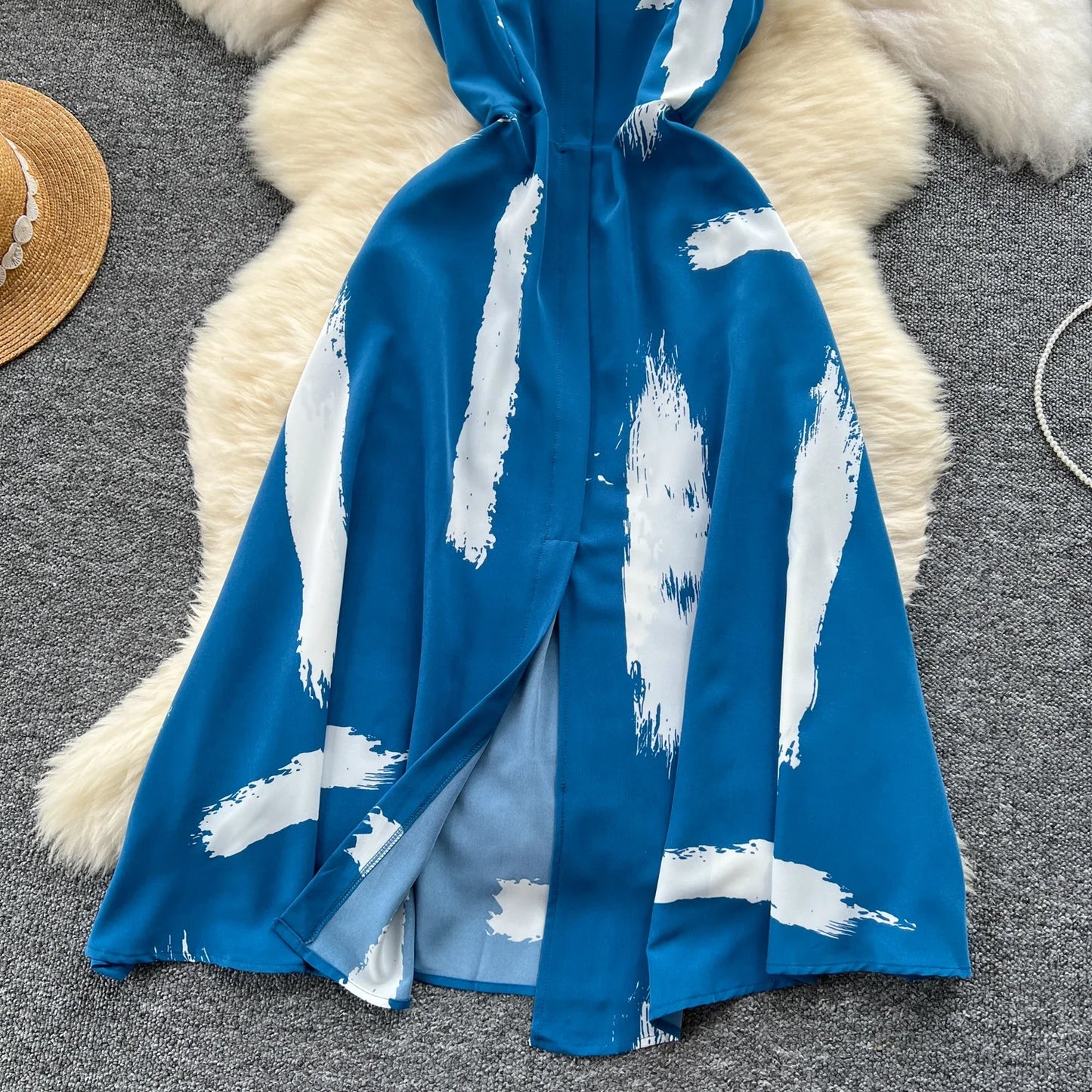 Neue Sommer Druck Süße Kleid Träger O Neck Backless Split Elegante Damen Urlaub Strand Party Midi Sommerkleid