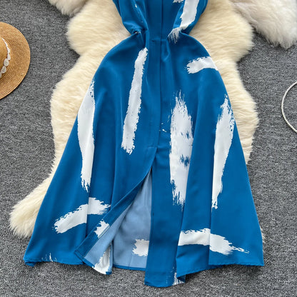 Neue Sommer Druck Süße Kleid Träger O Neck Backless Split Elegante Damen Urlaub Strand Party Midi Sommerkleid