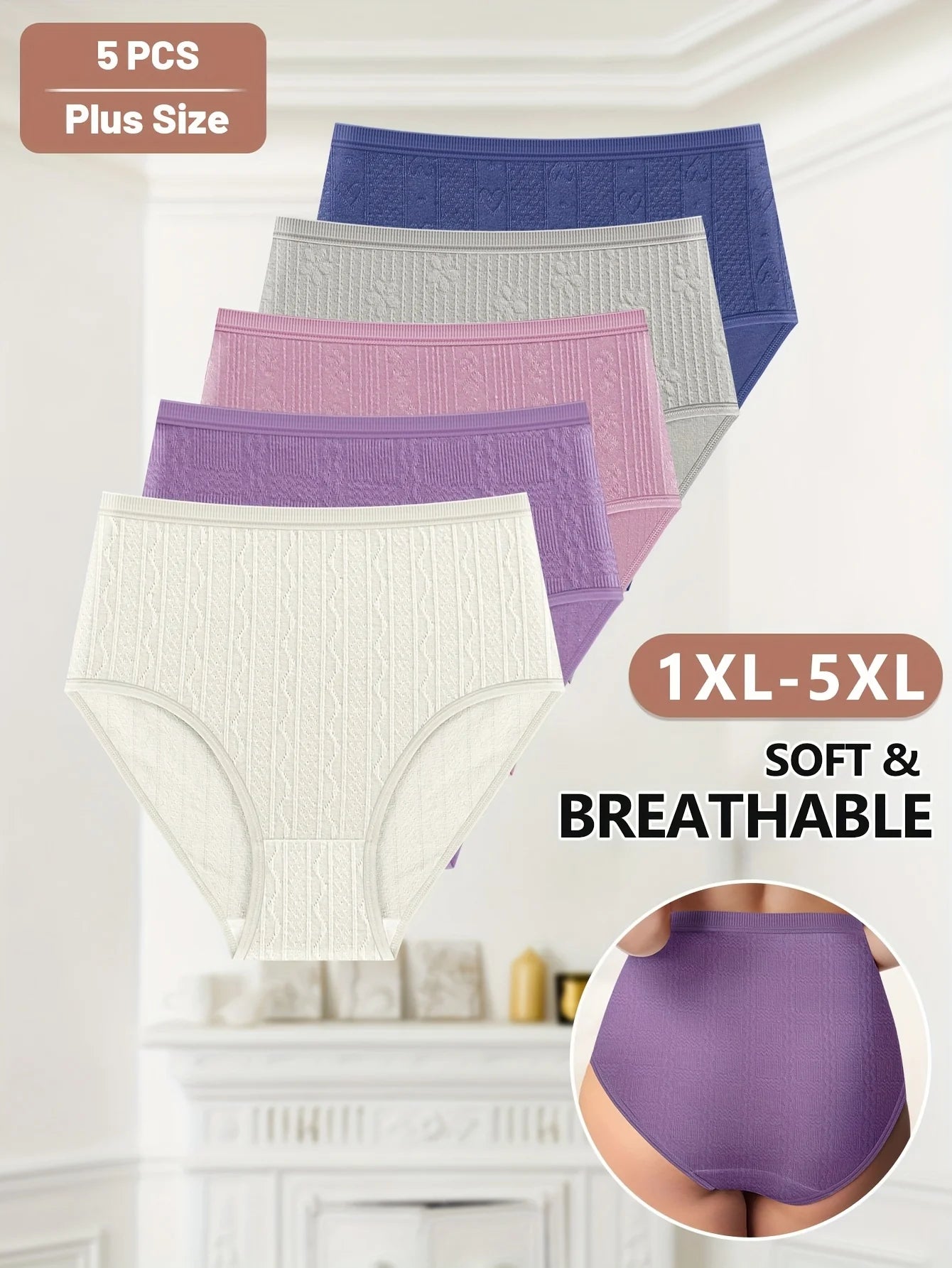5-Pack Women's Mid-Rise Underwear - Plus Size Tummy Control & Butt Lifting Soft Breathable Cotton Panties, 5 Colors.
