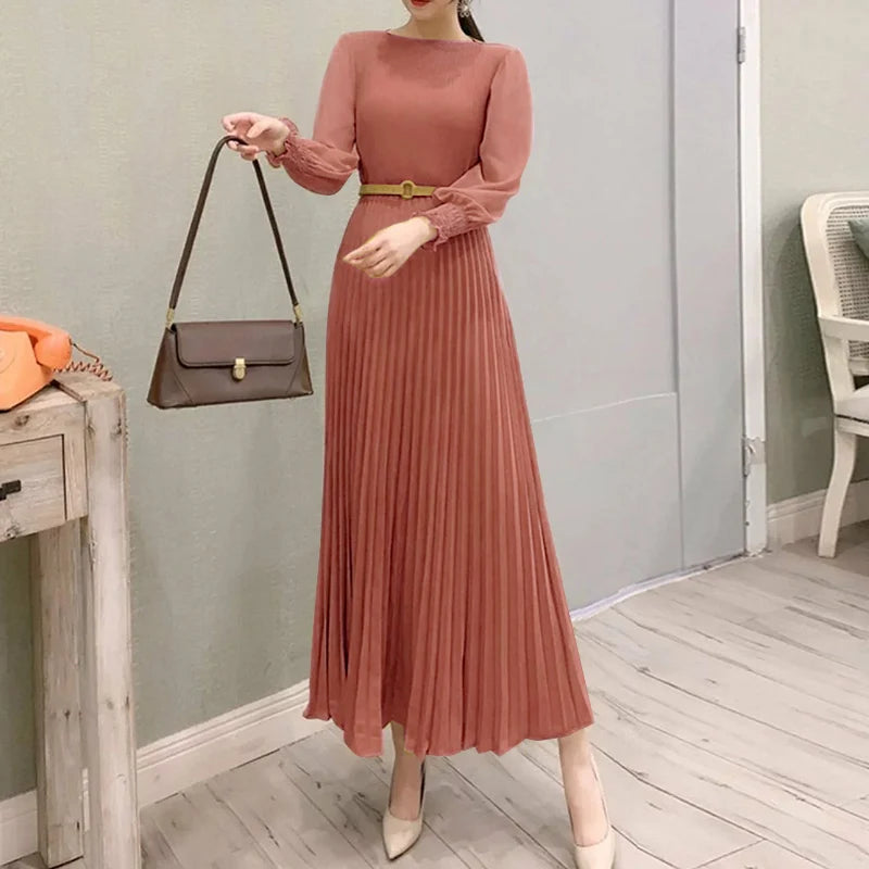 ZANZEA Elegantes Damen-Plisseekleid, edel, gesmokte Bündchen, langärmelig, O-Ausschnitt, Fit und Flare, lang, Vestidos, Pendeln, solide Party-Roben.