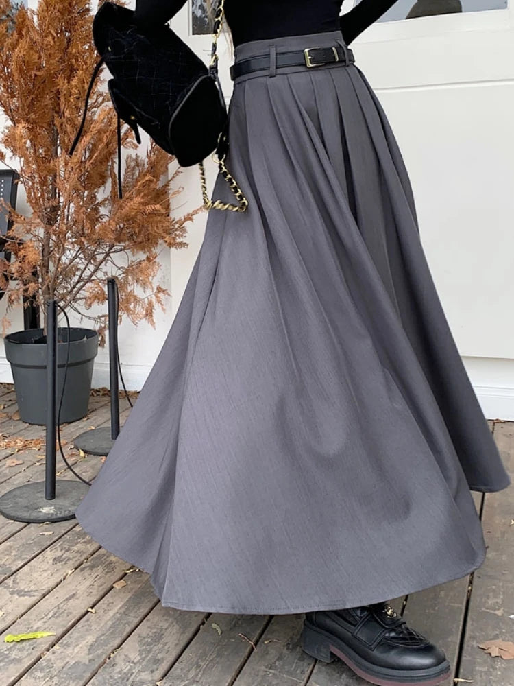 Qiukichonson Grey Midi Long Skirts Womens Maxi Skirt 2023 Autumn Winter Suit Skirt Goth Lolita High Waist Ruffle Pleated Skirts