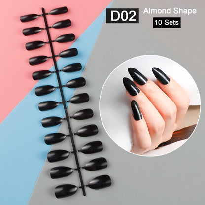 10 Sets/Pack Mixed Solid Colors Coffin Round Square Almond Shape False Nails Full Cover Nail Tips Short Fake Nails Tip Manicure