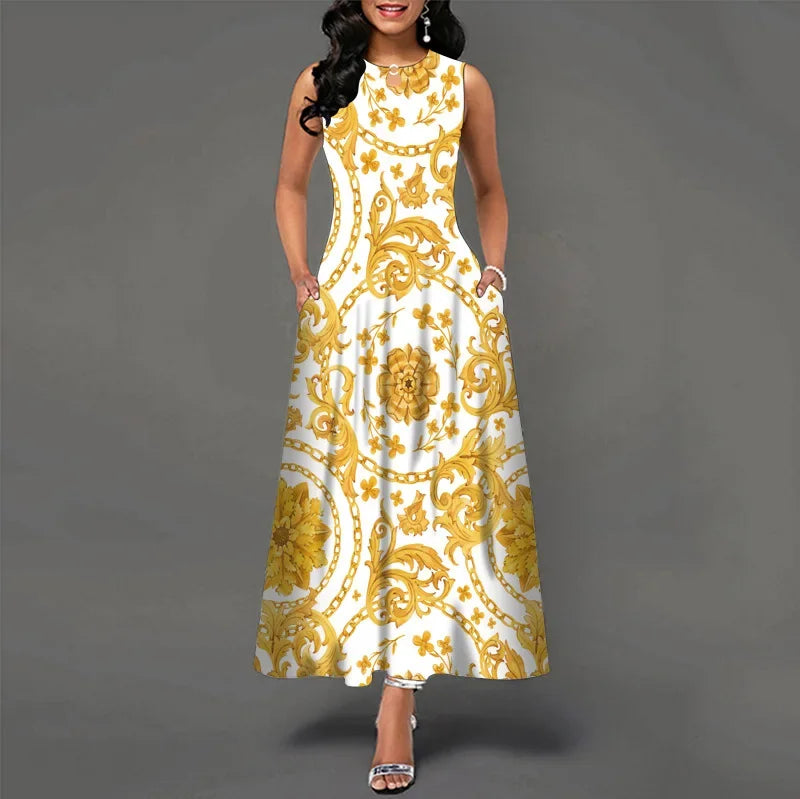 Blumendruck Neues lässiges ärmelloses langes Kleid Damen V-Ausschnitt bedrucktes Kleid Swing Bohemian Retro Kleider.