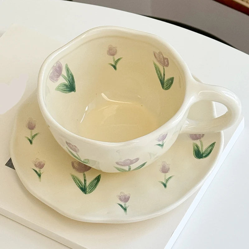 Flower Pattern Ceramic Cup Korean Style Saucer Set Hand Pinched Irregular Coffee Milk Cup Afternoon Tea Tableware Gifts for Home.