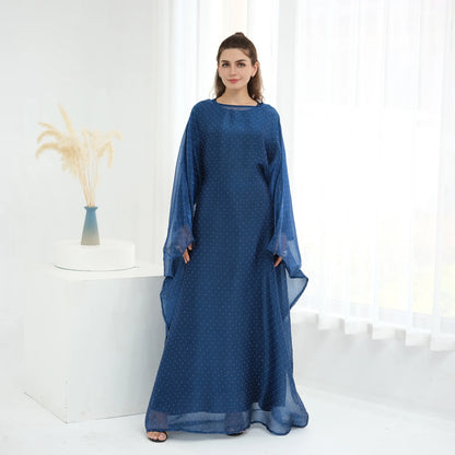 Eid 2 Piece Muslim Woman Set Diamonds Butterfly Abaya with Matching Inner Dress Dubai Luxury Kebaya Caftan Marocain Islam Outfit