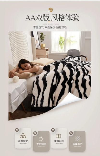 Nordic Style Zebra Print Coral Fleece Blanket Thickened Raschel Autumn Winter Blankets Double Layer Multi Purpose Plush Quilt.