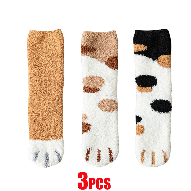 Women Socks Winter Warm Fluffy Socks Cute Animal Claw Cat Paw Footprint Fuzzy Socks Thicken Coral Fleece Home Floor Sleep Socks