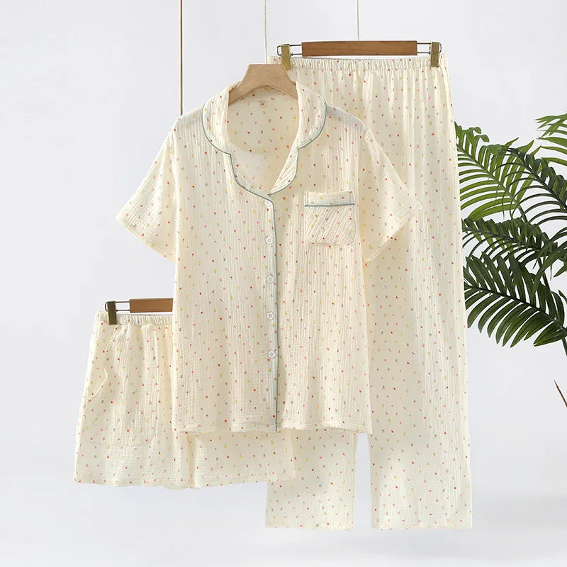 Pajamas pure cotton three-piece set spring and summer thin crepe autumn gauze lapel short-sleeved trousers shorts loungewear set.