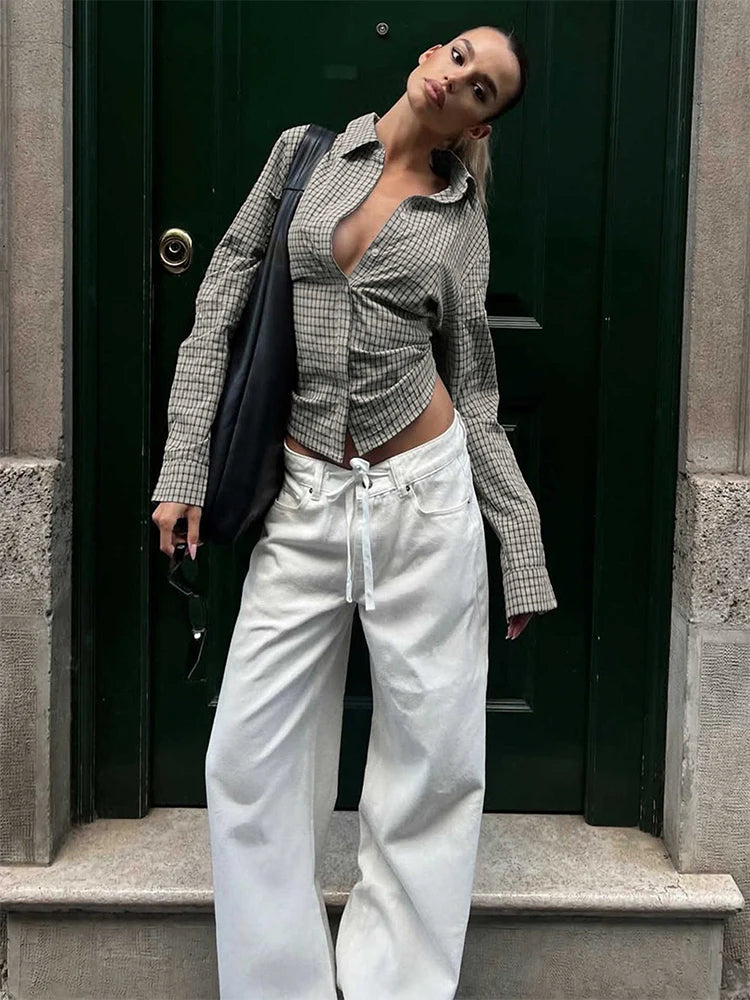 2025 Autumn Winter Women Vintage Long Sleeve Checkered Shirt Design Crop Blouse Y2k 2000s Top Stylish High Street Gyaru Coquette.