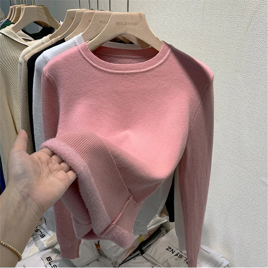 Rosa Pullover Frauen Winter Dicke Warme Stricken Pullover Schlank Plüsch Samt Gefüttert Strickwaren Jumper Langarm Tops Oansatz Poleras Mujer.