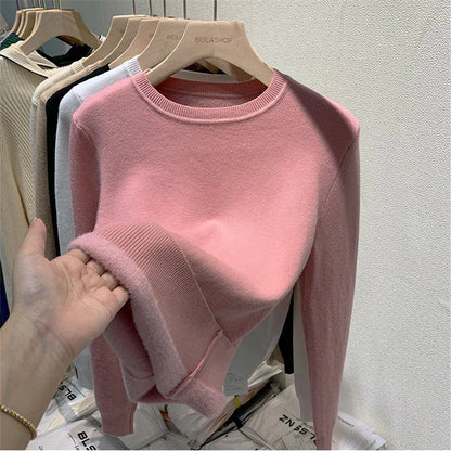 Rosa Pullover Frauen Winter Dicke Warme Stricken Pullover Schlank Plüsch Samt Gefüttert Strickwaren Jumper Langarm Tops Oansatz Poleras Mujer.