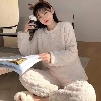 Herbst Frauen Feste Warme 2-teilige Sets Verdicken Samt Rippen Fleece Set Pullover Und Hosen Frauen Casual Pyjama Sets.