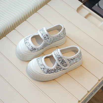New Girl Princess Canvas Shoes Fashion Luxury Sequins Children Causal Shoes Breathable Kids Glitter Mary Jane Shoes Thick Bottom